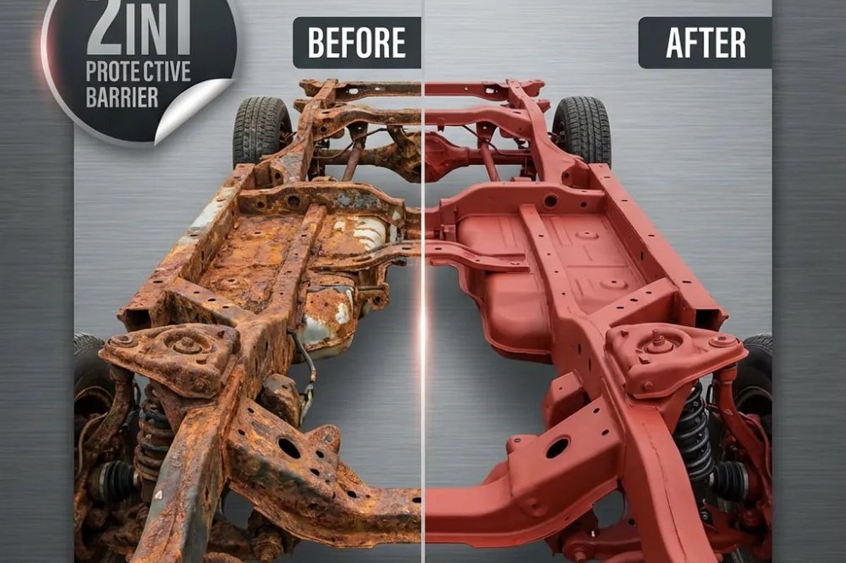 Truck frame before and after one coat of XionLab rust converter and primer
