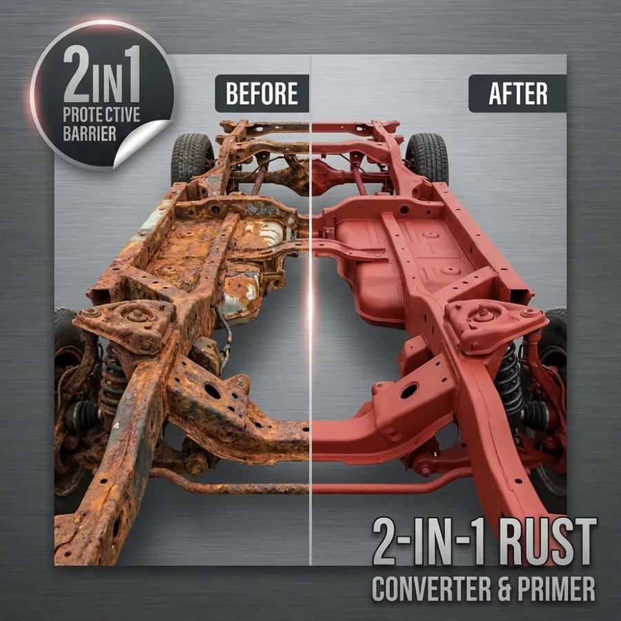 Truck frame before and after one coat of XionLab rust converter and primer, rusted on the left and red oxide on the right