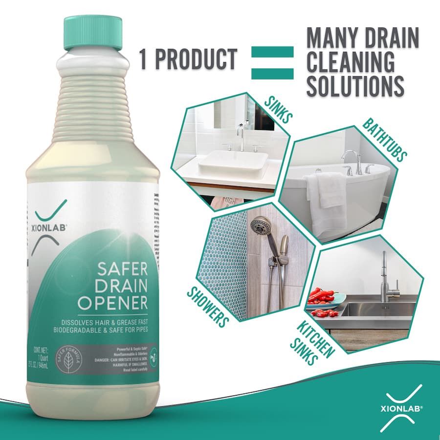 Safer Drain Opener bottle beside photos of a bathroom sink, a bathtub, a shower and a kitchen sink