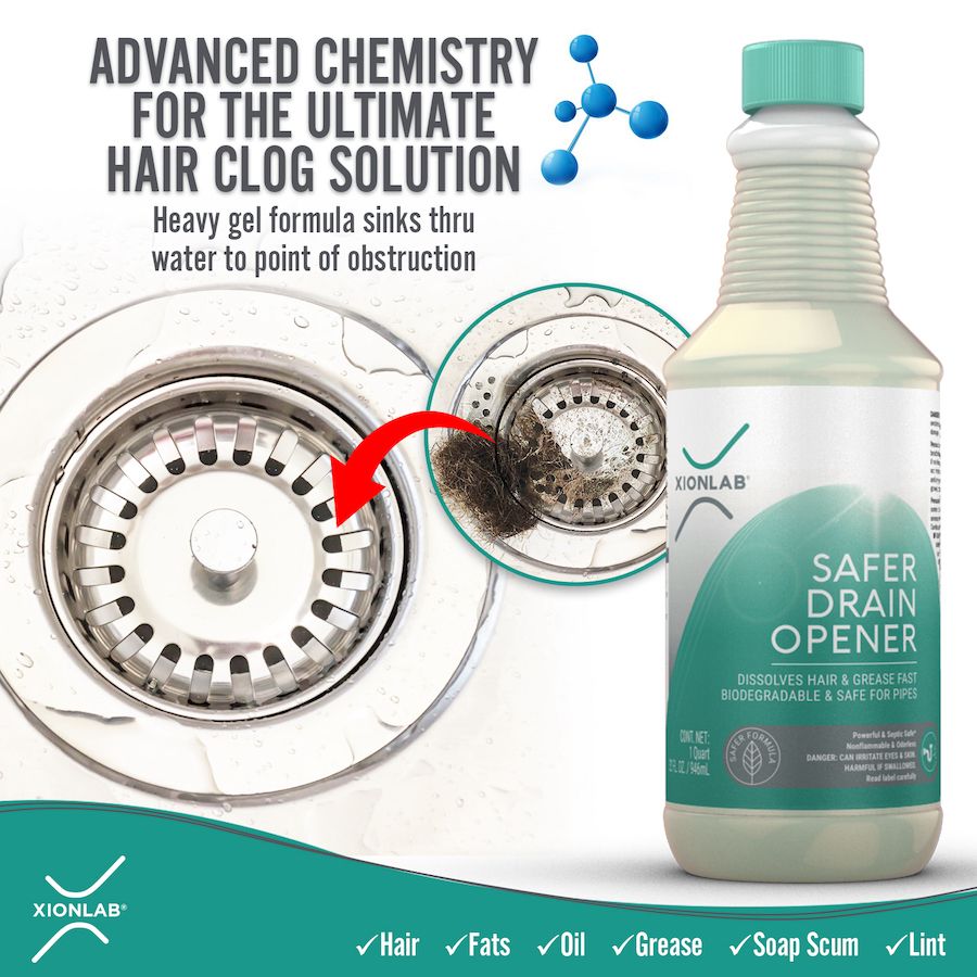 Safer Drain Opener bottle beside a kitchen sink strainer, with a close up of the hair clog the heavy liquid sinks through