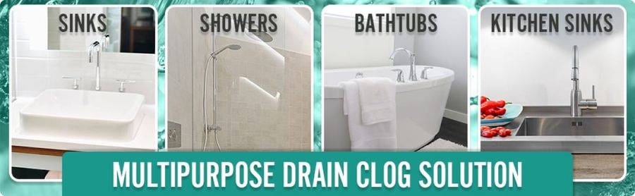 Safer Drain Opener banner reading multipurpose drain clog solution, with photos of sinks, showers, bathtubs and kitchen sinks