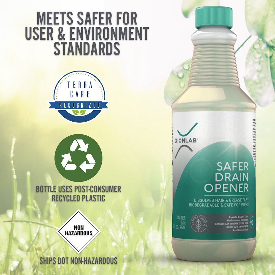 Safer Drain Opener bottle in grass with the Terra Care Certified mark, a recycling symbol and a non hazardous shipping diamond