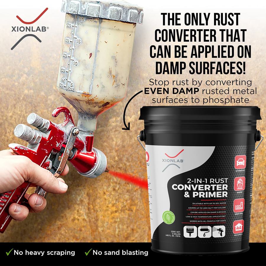 The only rust converter that can be applied on damp surfaces, shown being sprayed on rusted metal