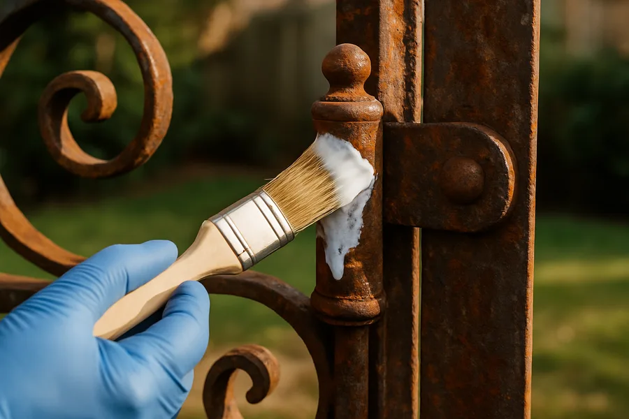 Hand brushing milky white rust converter onto a rusted iron gate hinge outdoors