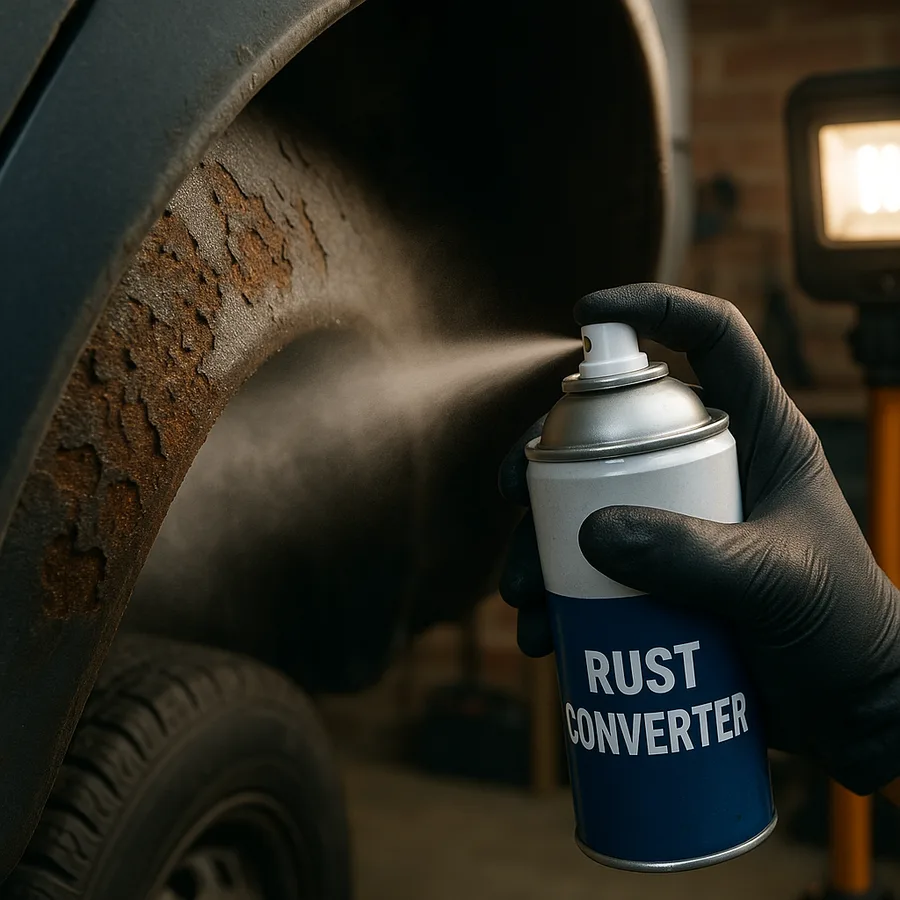 Aerosol rust converter being sprayed onto the underside of a corroded car fender