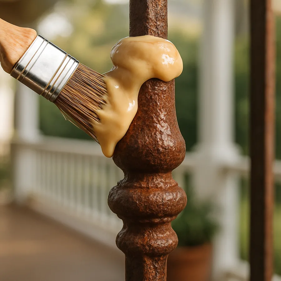 Thick gel rust converter clinging to a vertical wrought iron railing without dripping
