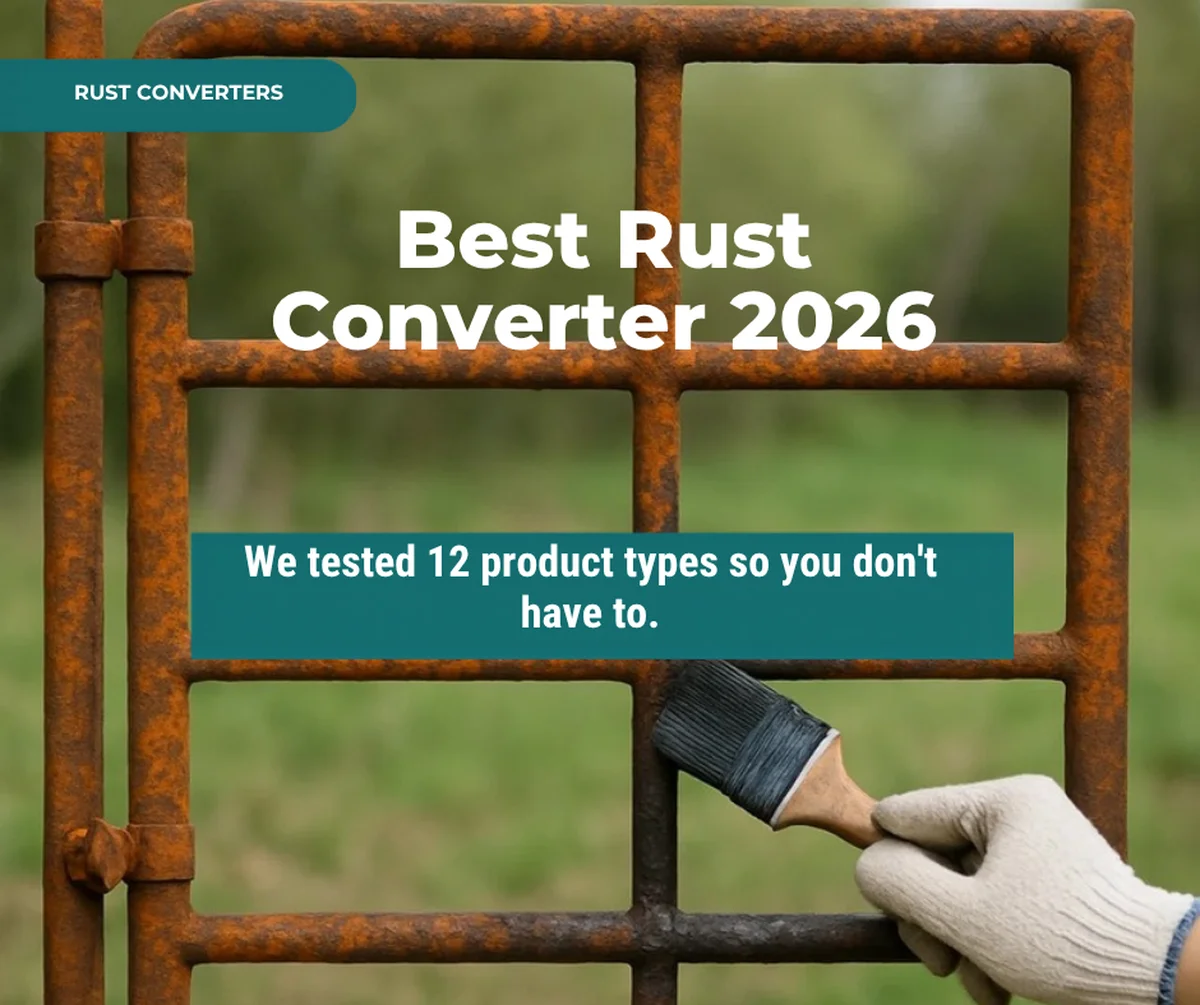 Best rust converter 2026 buyer guide thumbnail, gloved hand brushing converter on a rusty gate