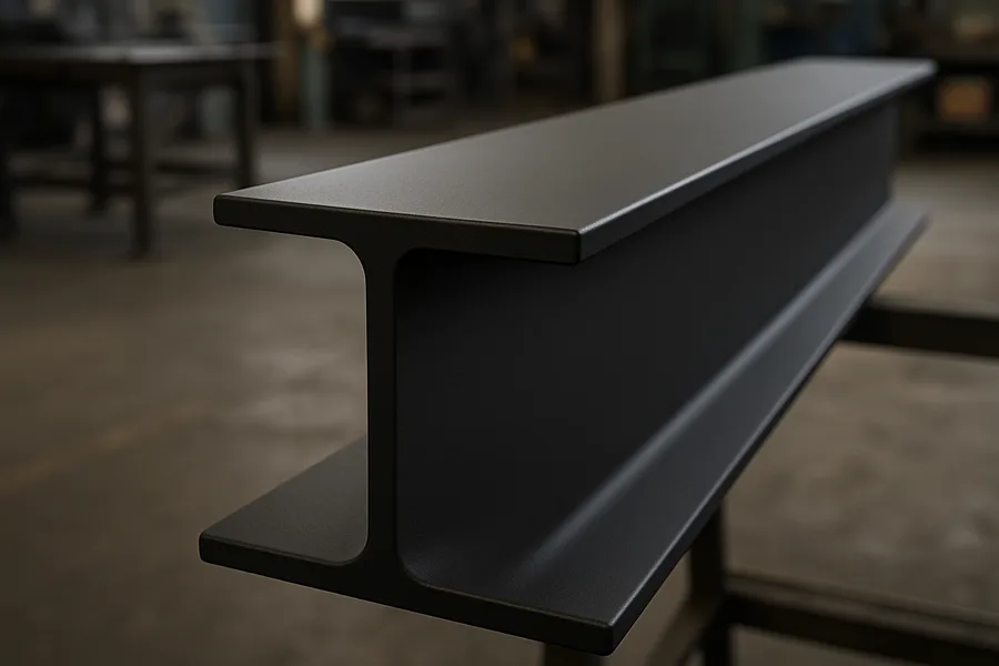 Cured black protective coating on a treated steel beam ready for topcoat paint