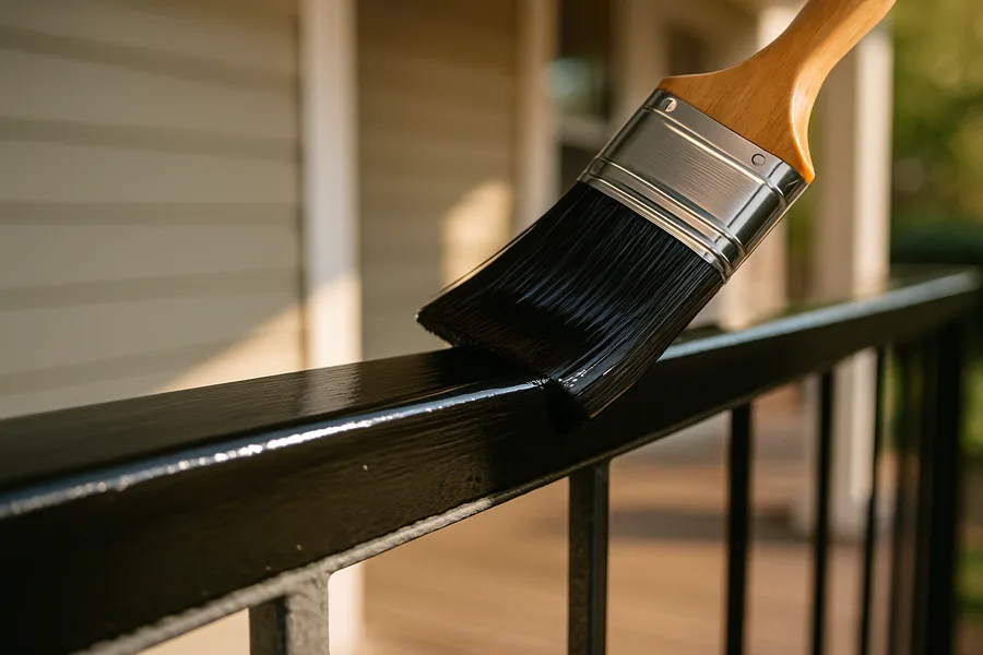 Glossy black enamel topcoat brushed over a fully primed metal porch railing