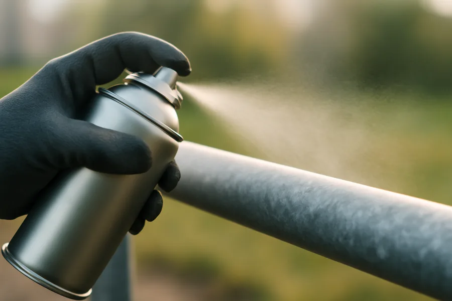 Gloved hand spraying rust prevention spray onto a bare steel handrail outdoors