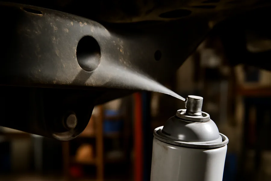 Aerosol nozzle spraying rust prevention spray into an enclosed truck frame rail cavity