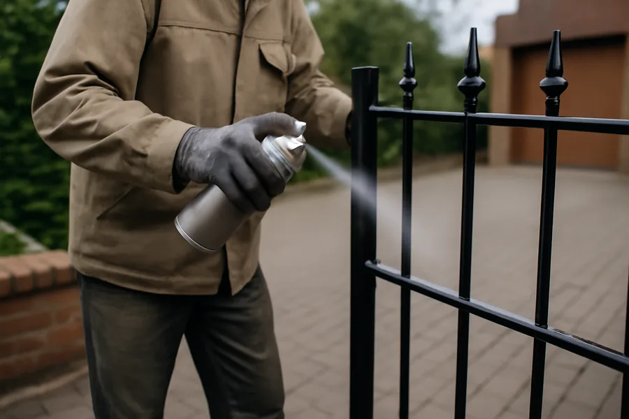 Worker applying thin passes of rust prevention spray onto a black metal garden gate