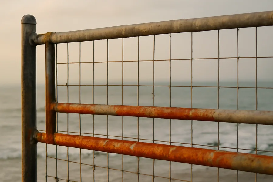 Coastal metal fence with early surface rust before rust prevention spray treatment