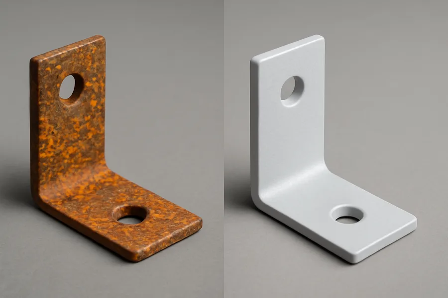Rusty steel bracket beside an identical bracket protected by rust prevention spray coating