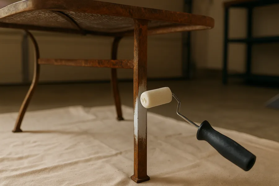 Foam roller applying rusty metal primer to a weathered patio table leg in a garage