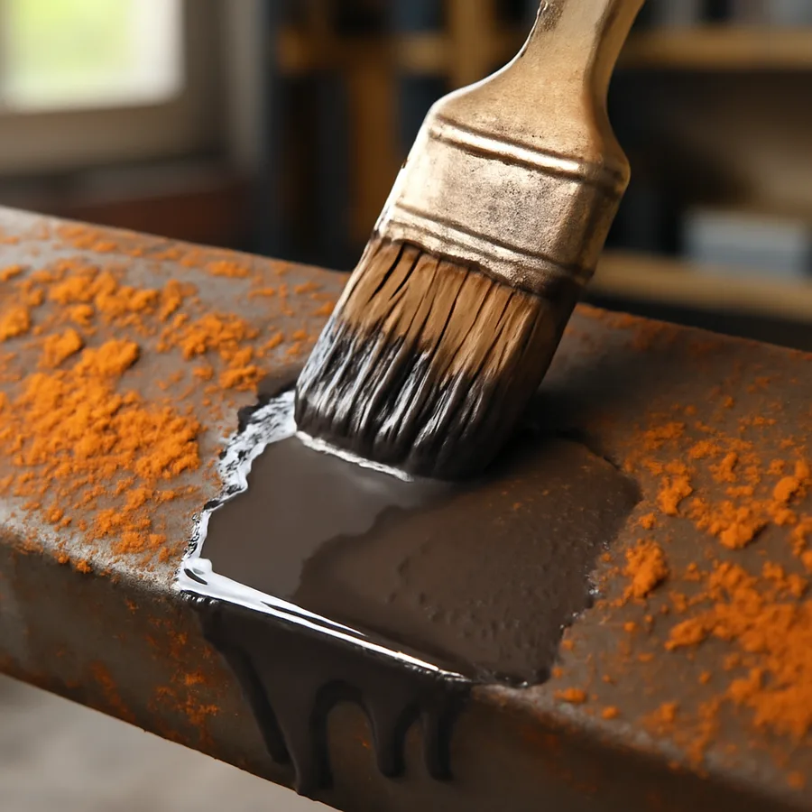 Brush applying dark rust converter over flaking orange rust on a steel panel