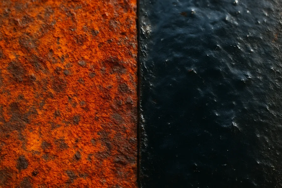Close view of tannic acid rust converter turning red rust into black ferric tannate film