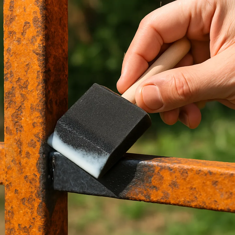 Foam brush spreading milky rust converter paint onto an orange rusted steel garden gate