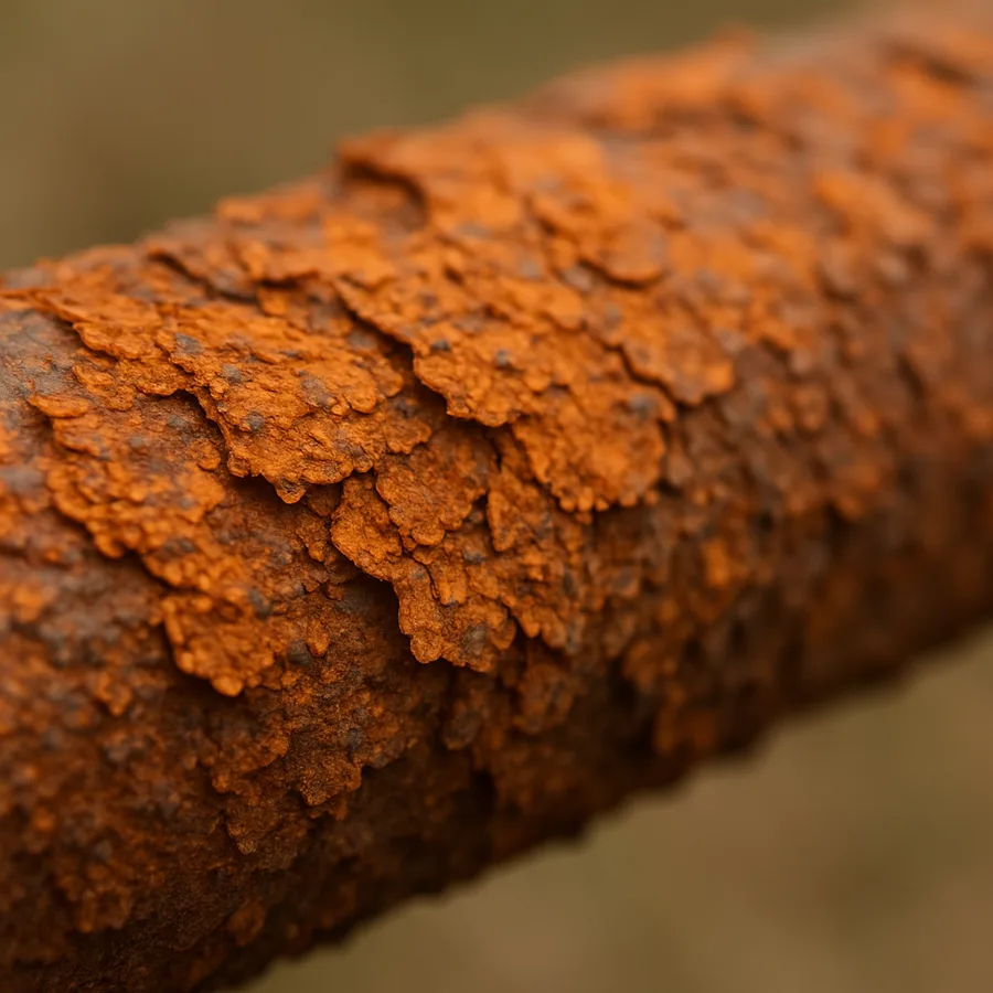 Flaky orange surface rust covering an old weathered steel fence rail before any rust converter treatment