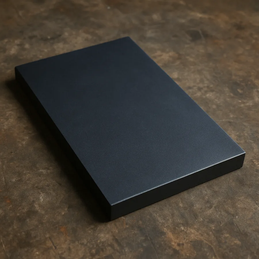 Steel plate coated in a uniform dark blue black cured rust converter film with a matte protective finish