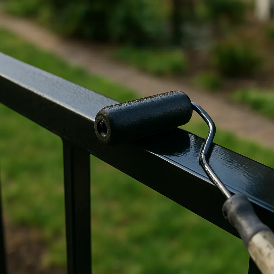 Small roller applying glossy black topcoat over a fully cured rust converter coating on a steel porch railing
