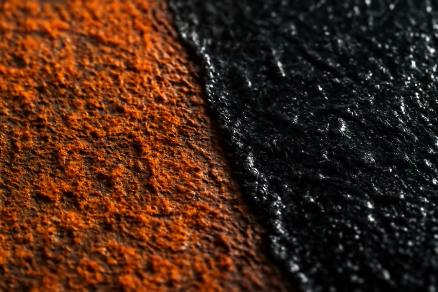 Orange rust turning into glossy black coating as rust converter cures on steel