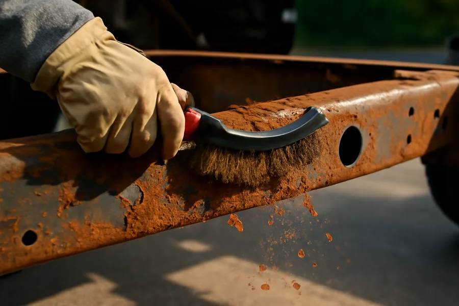 Wire brush removing loose scale rust from a corroded steel truck frame rail