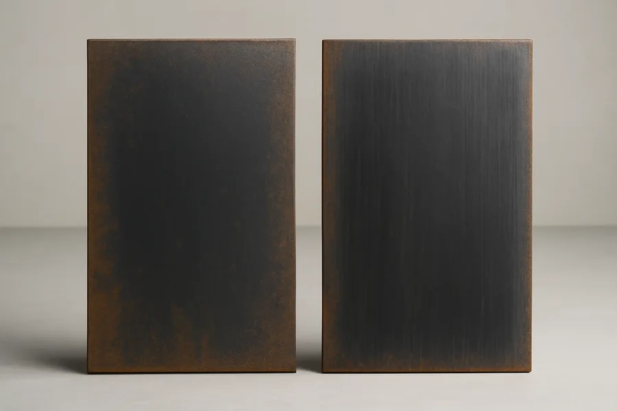 Two rusted steel panels compared, one sprayed and one brushed with rust converter