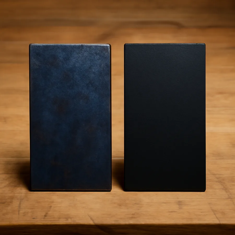 Two steel test panels compared, one treated with rust converter and one with encapsulator coating