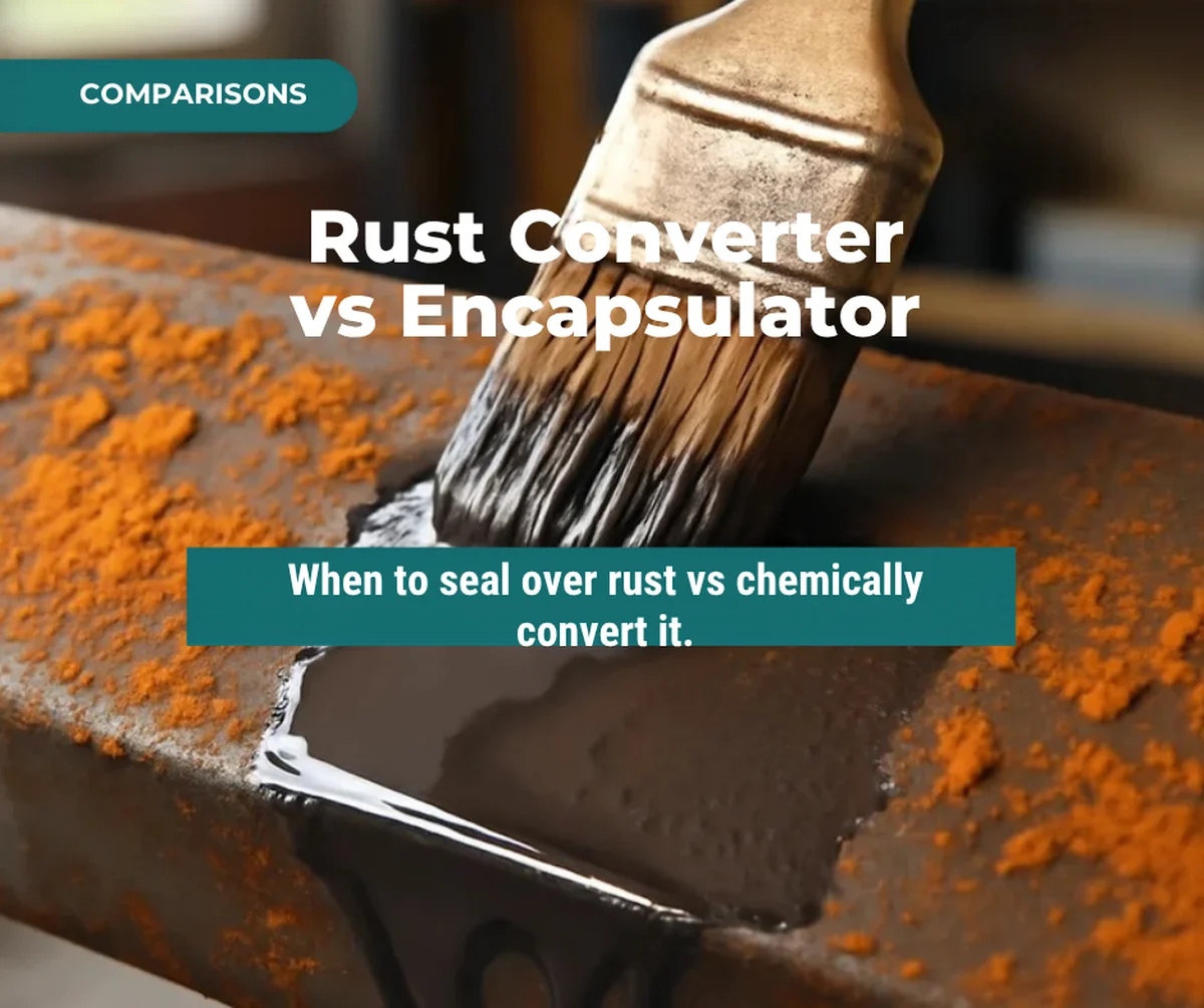 Rust converter vs rust encapsulator comparison thumbnail with brush applying converter on rusty steel