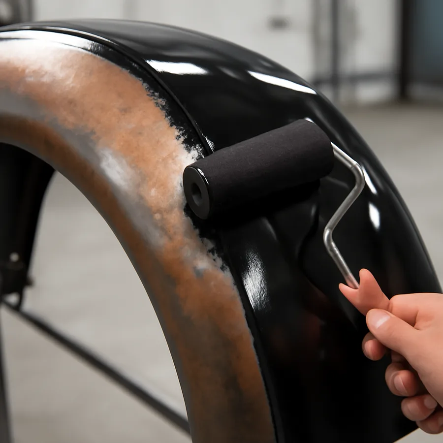 Glossy black encapsulator coating sealing light surface rust on a curved car fender
