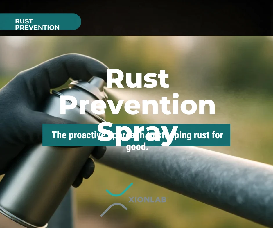 Rust prevention spray blog thumbnail with gloved hand spraying a steel handrail