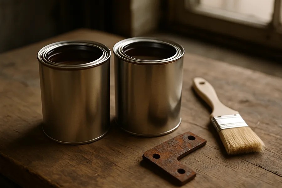 Two unlabeled metal cans of dark rust treatment liquid sitting on a workshop bench beside a rusty steel bracket
