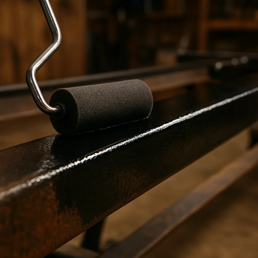 Black topcoat paint being rolled over a cured rust converted steel trailer frame in a workshop