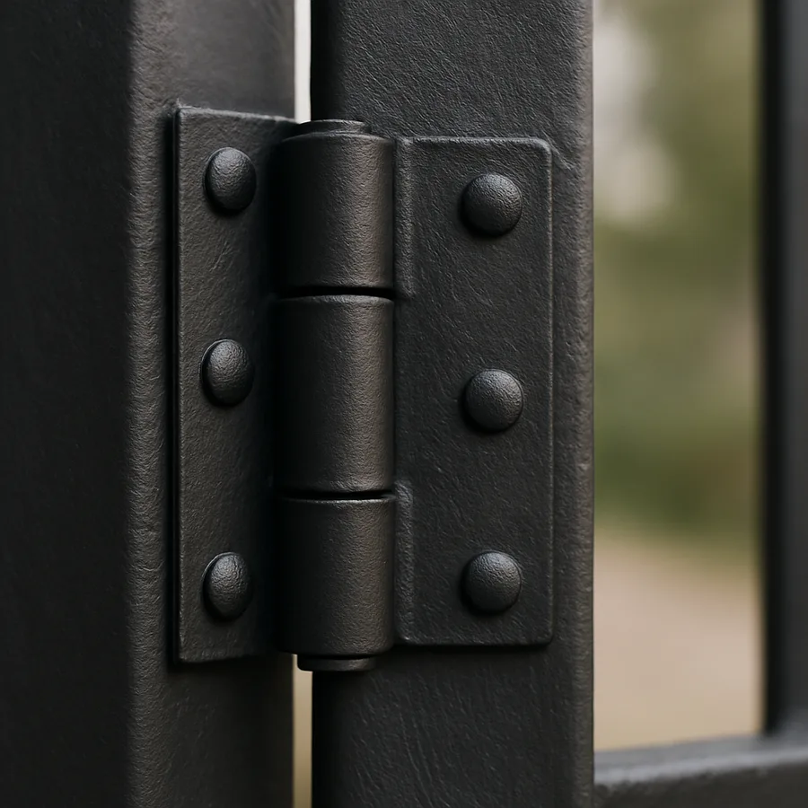 Thin even coat of rust converter drying to a flat black finish on a cleaned steel gate hinge