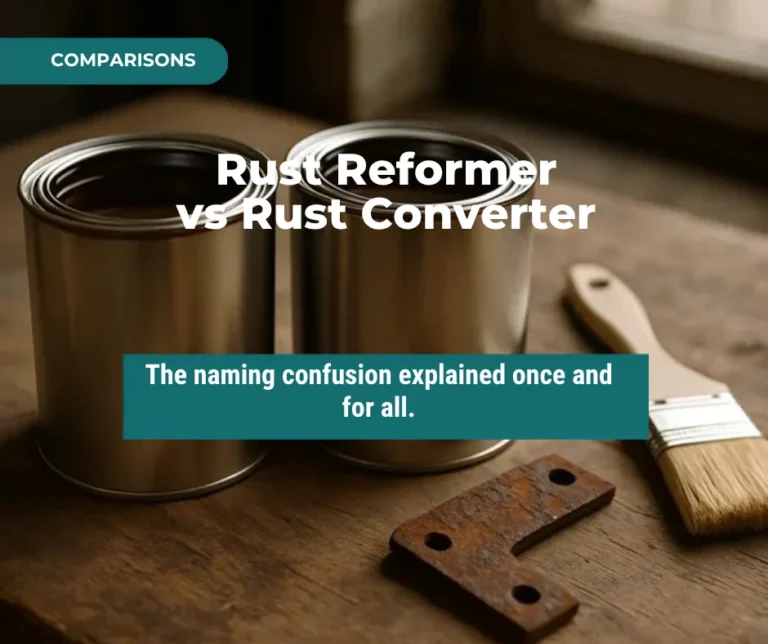 Rust reformer vs rust converter blog thumbnail with two cans of rust treatment on a workbench