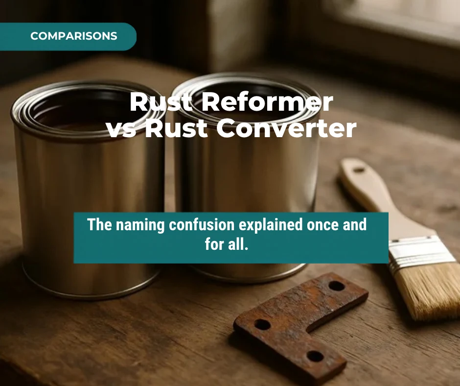 Rust reformer vs rust converter blog thumbnail with two cans of rust treatment on a workbench