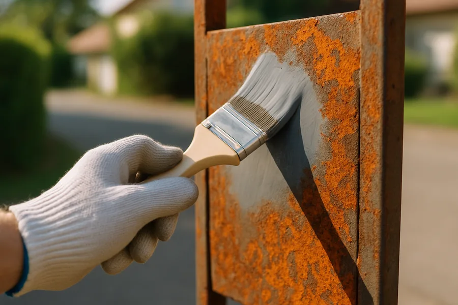 Gloved hand brushing rusty metal primer onto a corroded steel garden gate panel