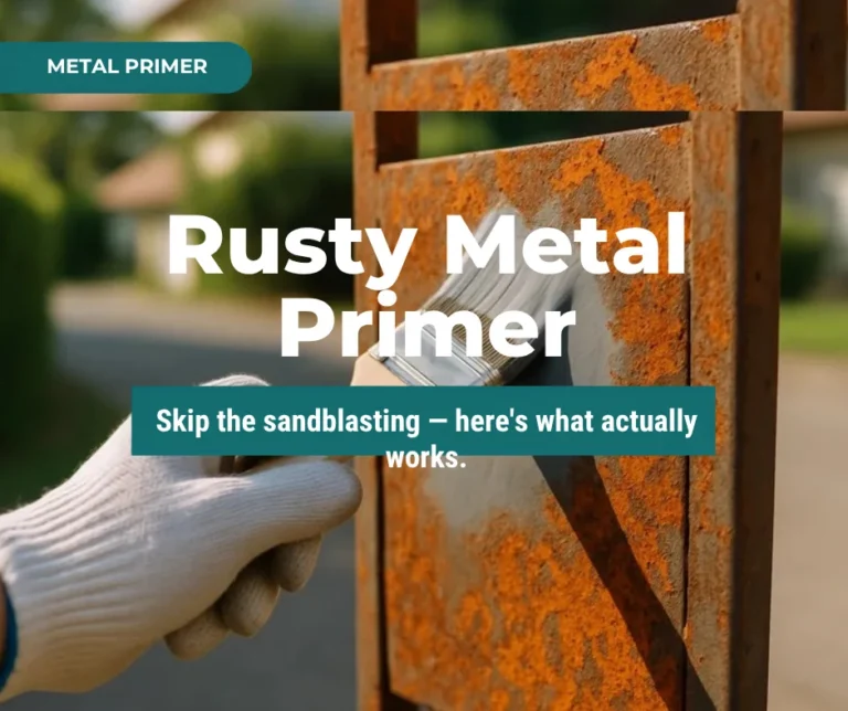 Rusty metal primer thumbnail showing a gloved hand brushing primer onto a corroded steel gate