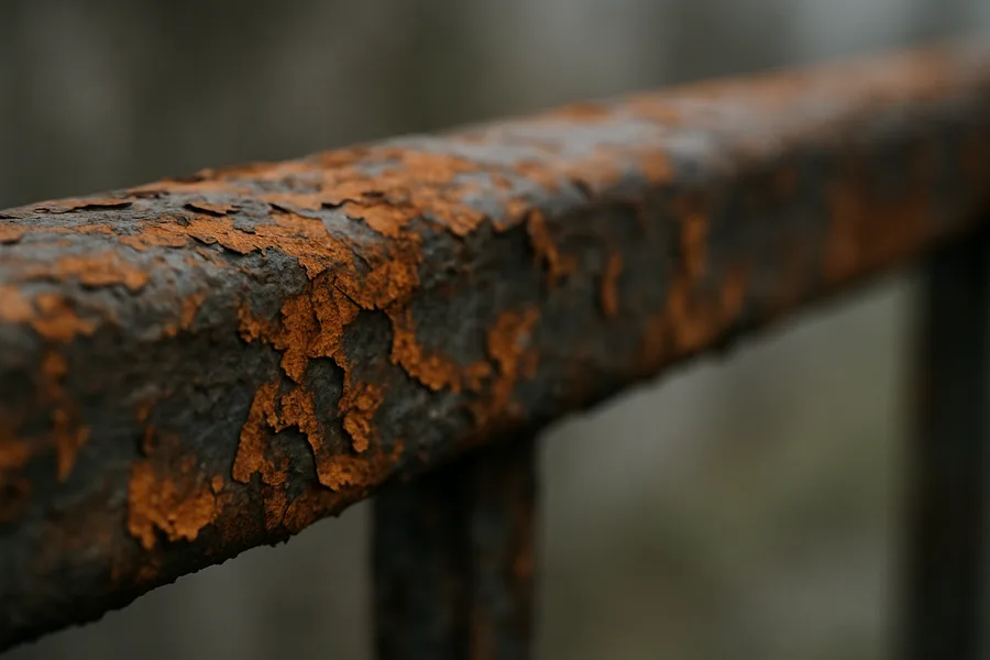 Thin orange surface rust flaking from an old weathered steel fence rail outdoors