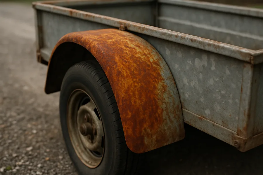 Red surface rust spreading across an old steel trailer fender in a gravel driveway