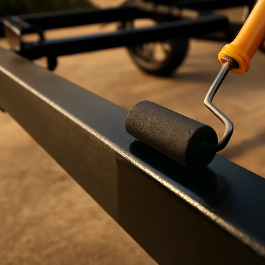 Roller applying protective topcoat over a cured black rust converter layer on metal