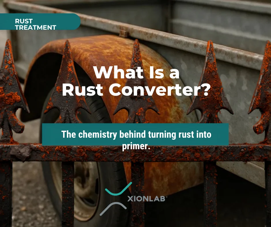 What Is a Rust Converter blog thumbnail showing rusty steel trailer fender with teal text overlay