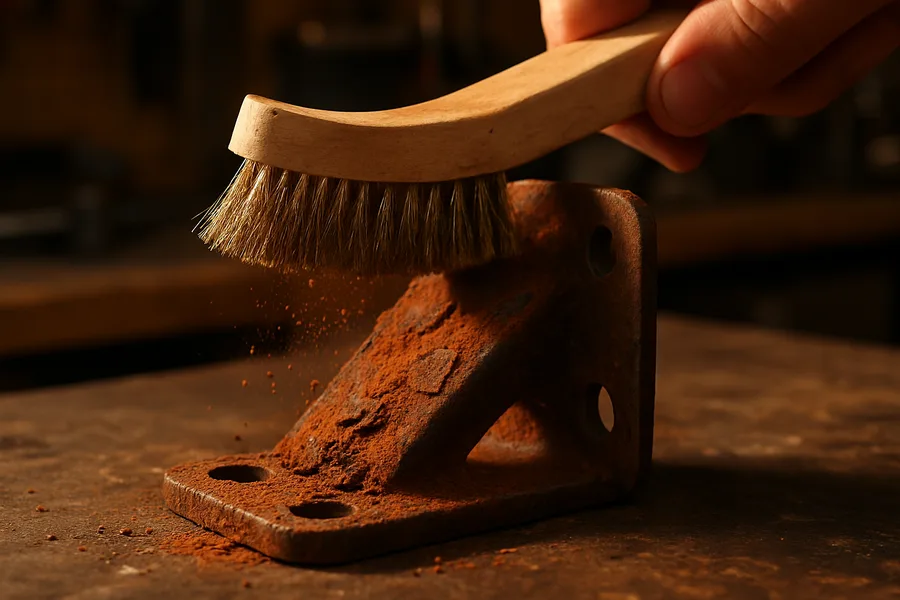 Wire brush scraping loose scale rust off a rusted steel workbench bracket