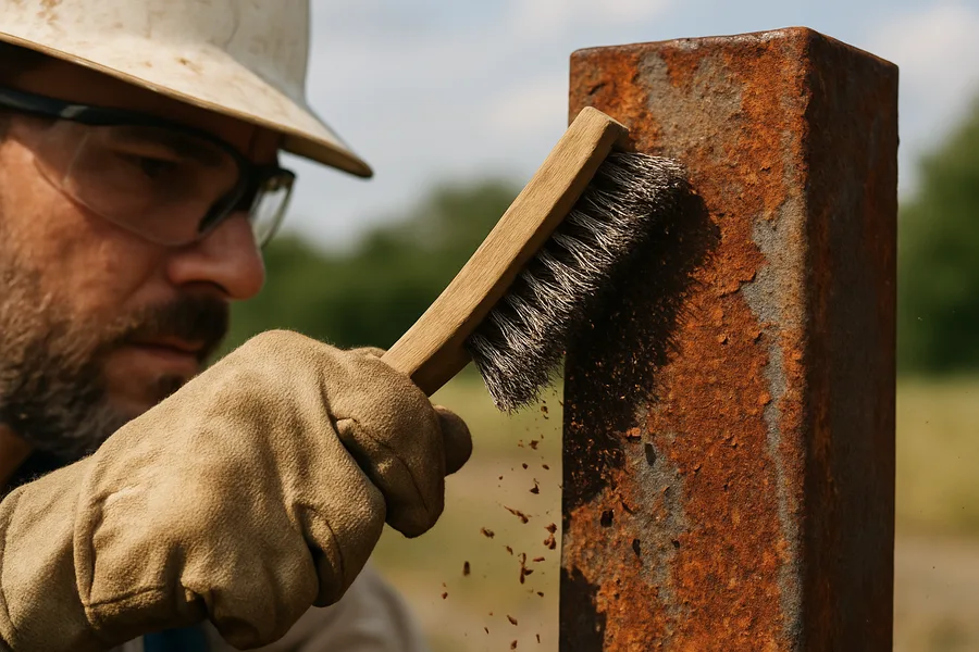Wire brush knocking loose flaking scale rust off a steel fence post before treatment