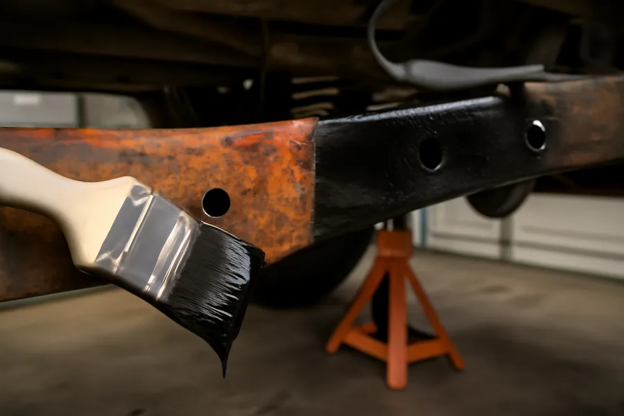 Applying rust converter to F-150 frame rail showing before and after