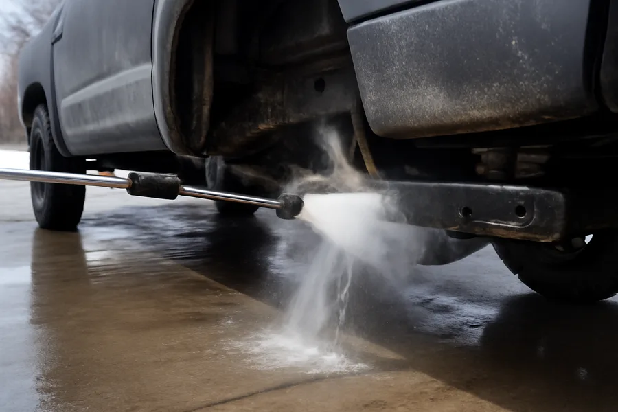 Pressure washing road salt from F-150 undercarriage