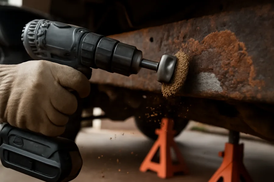 Inspecting and wire-brushing rust from F-150 truck frame