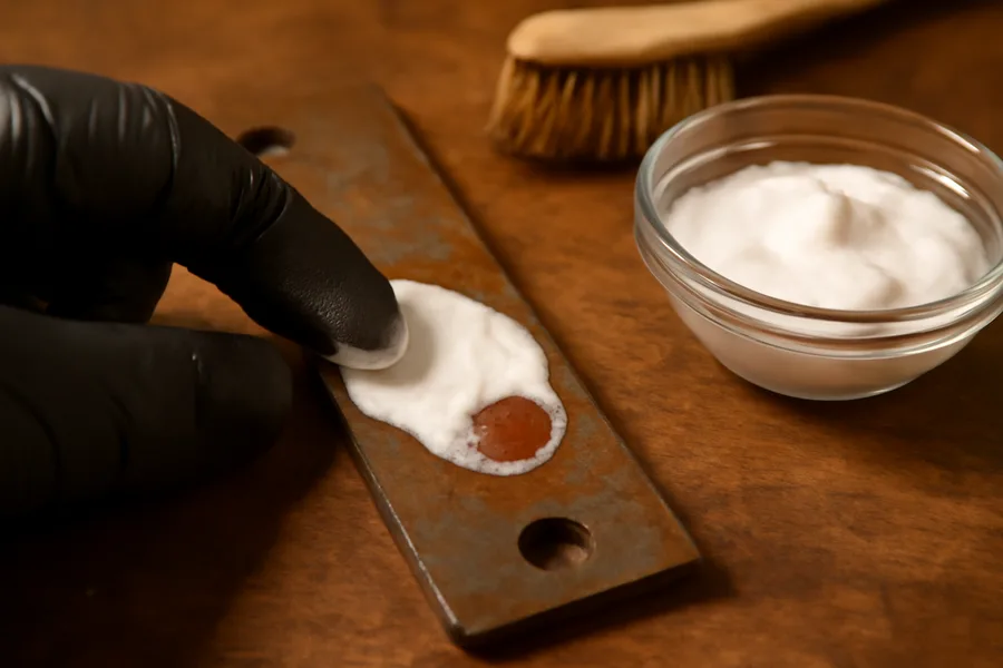 Baking soda paste applied to rusty metal bracket for gentle rust removal