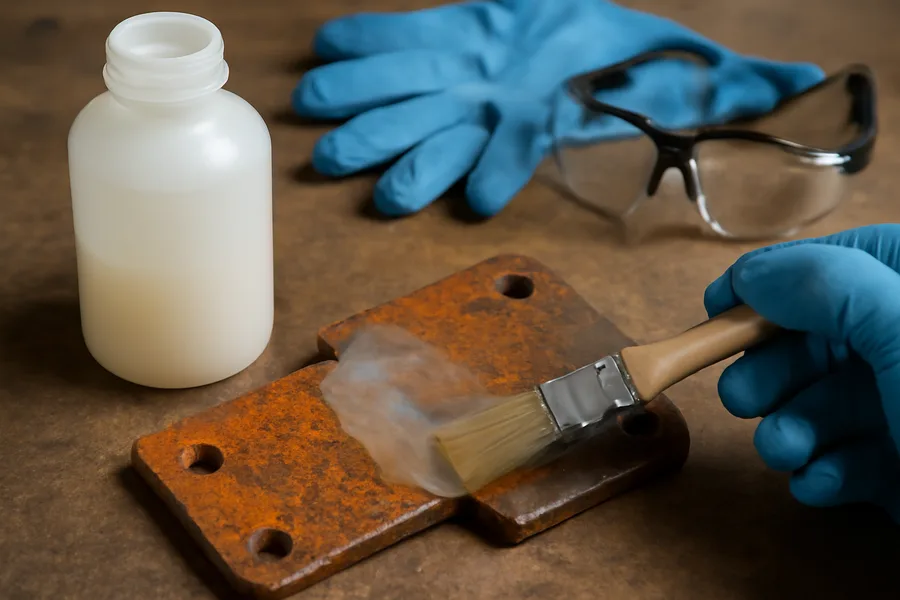 Commercial rust remover gel being brushed onto a rusty metal surface with safety equipment